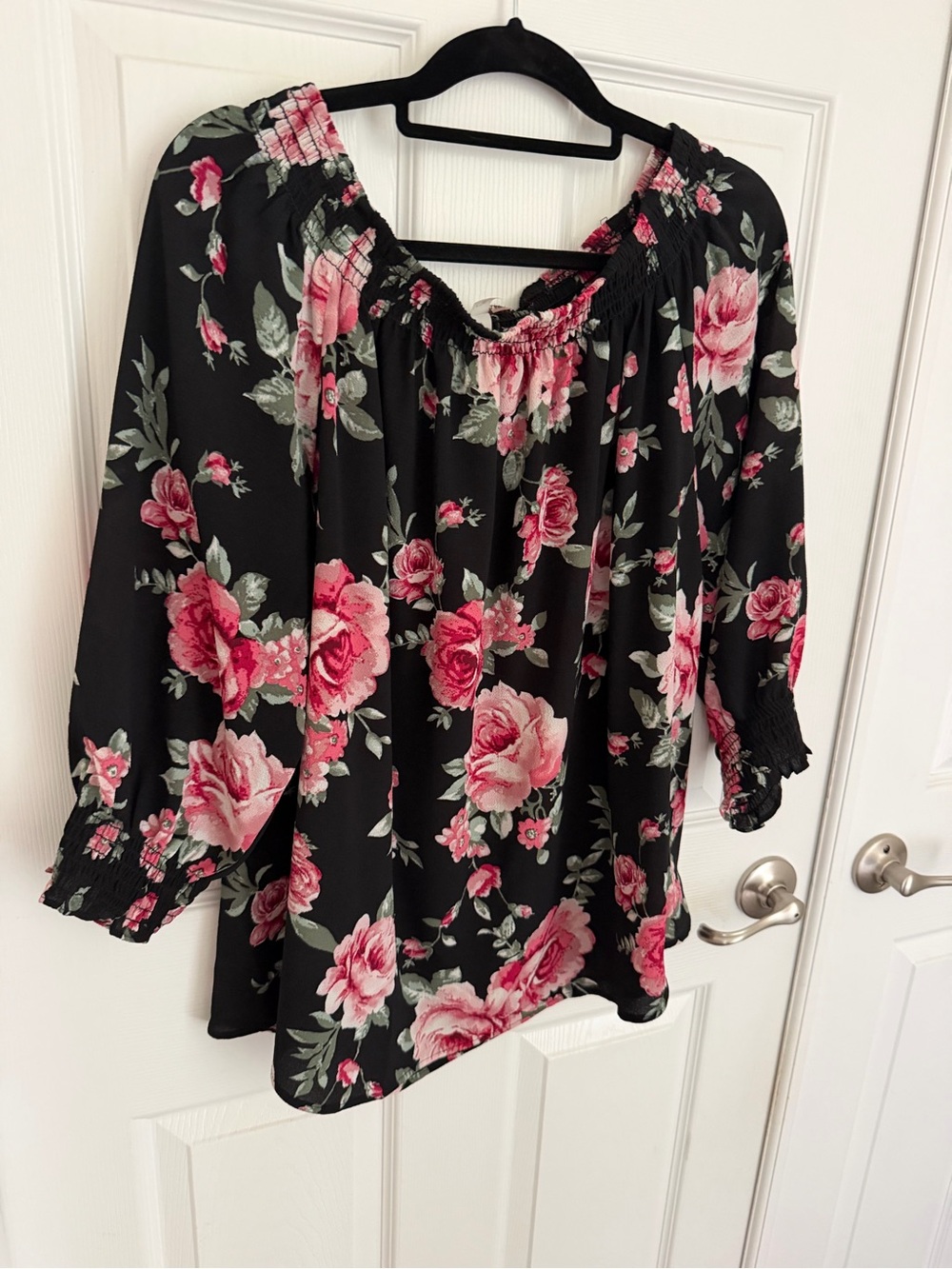 NY Collection Black Floral Off-Shoulder Blouse with Pink Roses